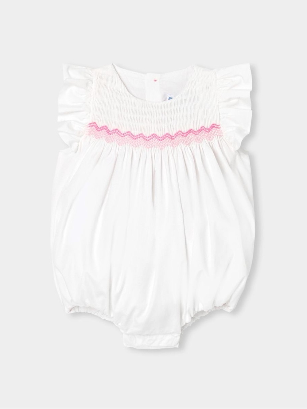 Jacadi White Smocked Bubble Romper with Pink Zigzag Detail